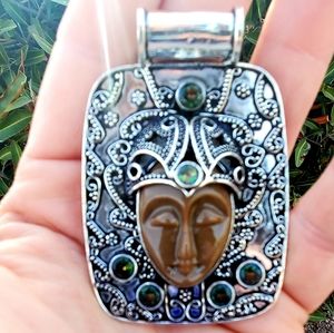 New Carved Goddess Face Mystic Topaz 925 Silver Pendant.